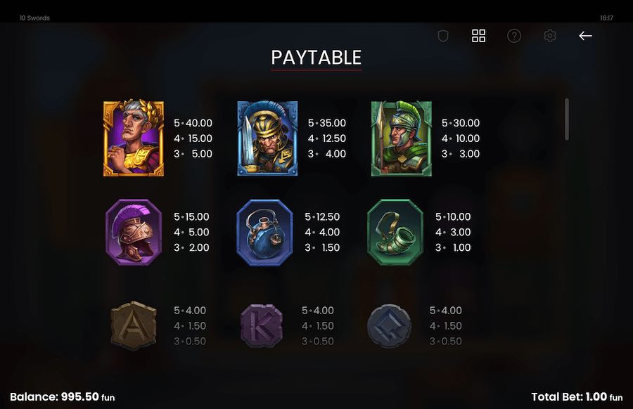 10 Swords Slot Paytable