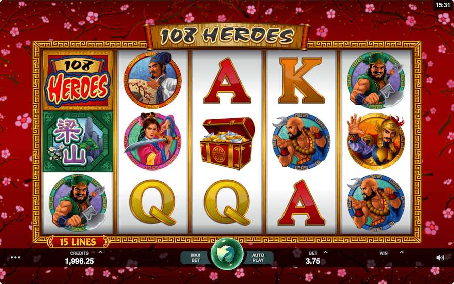 Play With 5 Reels, 15 Paylines, And Win Up To  1875x Your Bet On Microgaming's 108 Heroes Online Slot