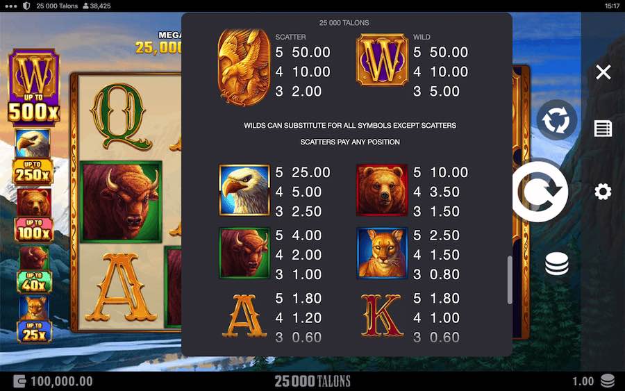 Paytable For 25,000 Talons Slot Game