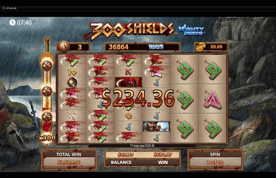 Hit A Minimum Of 3 Scatter Symbols To Trigger The Free Spins Feature On 300 Shields Mighty Ways Video Slot