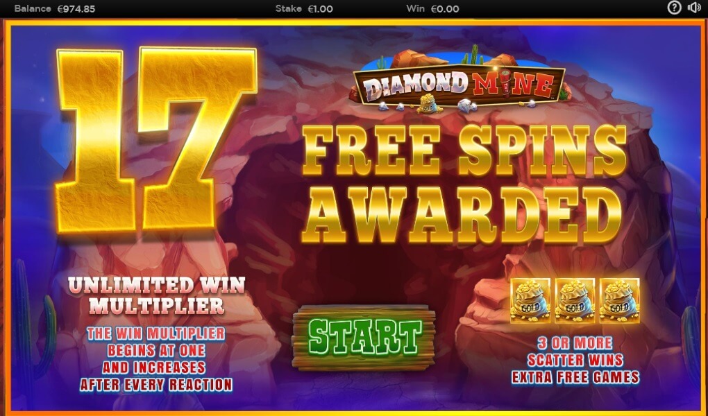 17 Spins Awarded For A 5 Scatter Trigger On Diamond Mine Megaways™