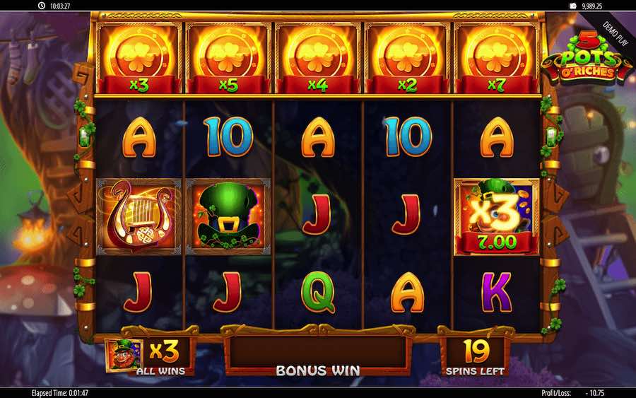 Land A Leprechaun Symbol Below A Bonus Symbol To Trigger The Free Spins Feature On 5 Pots O' Riches Video Slot