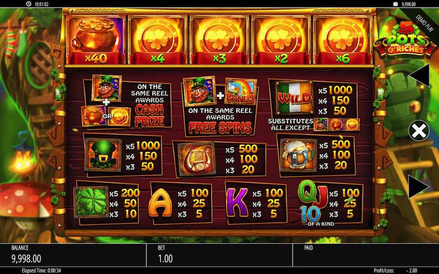 Paytable For 5 Pots O' Riches Slot