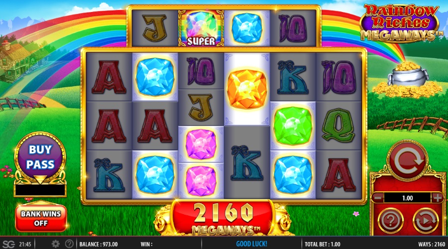 The Super Gem Can Appear On The Upper Reel On Rainbow Riches Megaways™