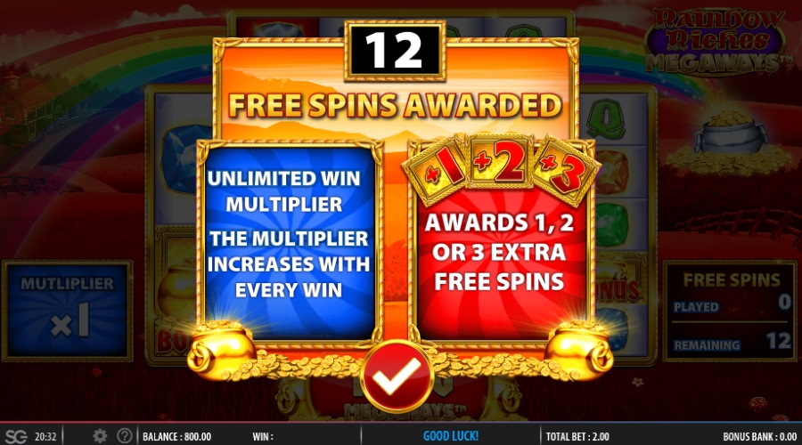 12 Free Spins Awarded For A 4 Scatter Trigger On Rainbow Riches Megaways™