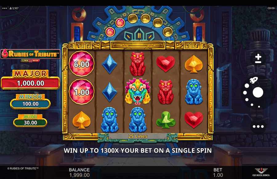 Win Up To 1,300x Your Bet Across 25 Paylines In The 6 Rubies Of Tribute Online Slot From Game Provider Old Skool Studios