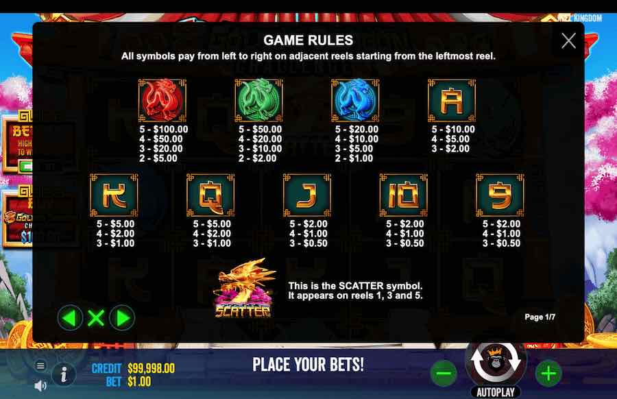 8 Golden Dragin Challenge Slot Paytable