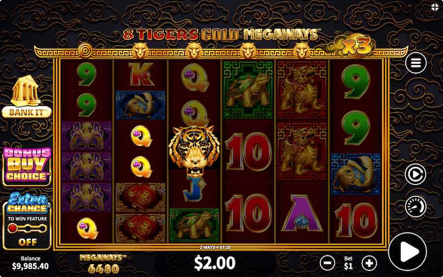 Play With 2 Random Features That Can Trigger At Any Time In The Base Game On 8 Tigers Gold Megaways Slot