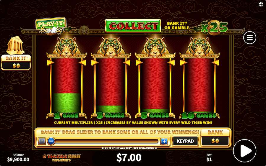 Choose To Gamble Your Winnings For More Spins Via The Play It Your Way Feature On 8 Tigers Gold Megaways Slot