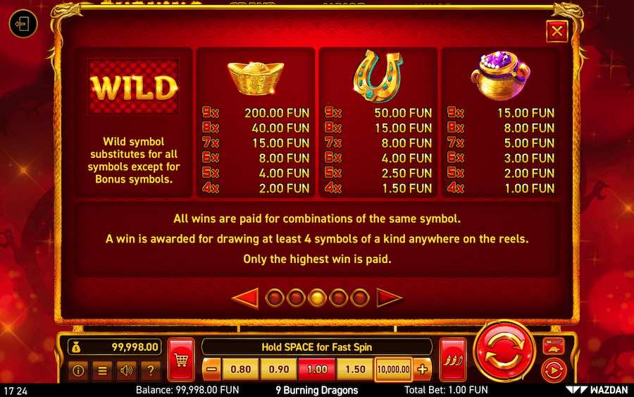 Paytable For 9 Burning Dragons Slot