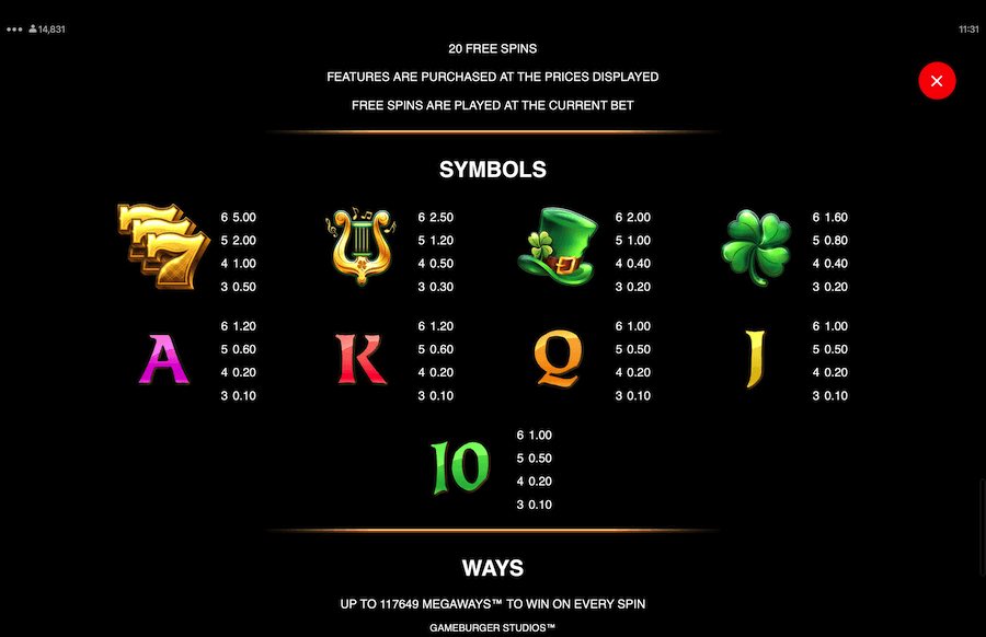 9 Pots Of Gold Megaways Slot Paytable