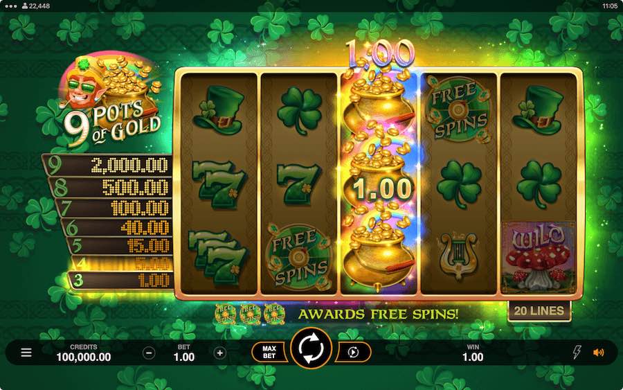 Play With 5 Reels, 20 Paylines, And Win Up To 2,000x Your Stake In Microgaming's 9 Pots Of Gold Slot