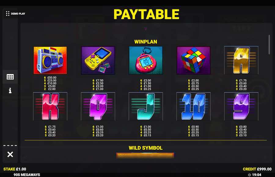 90's Mania Megaways Paytable