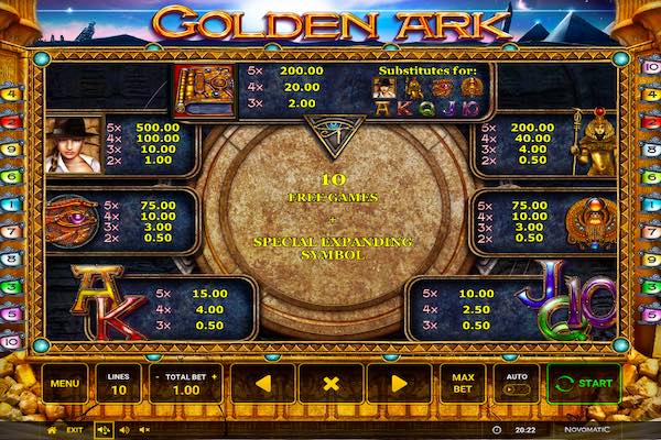 Paytable For Golden Ark Slot