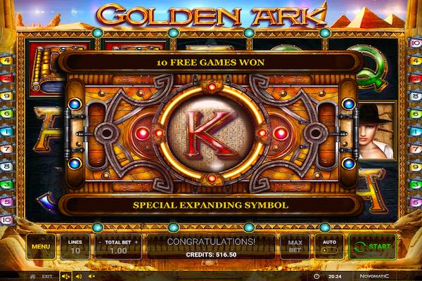 10 Free Spins And A Random Symbol From The Paytable Will Be Awarded When Triggering Bonus On Golden Ark Slot