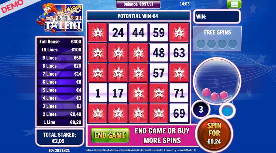 Additional Spins Can Be Bought On Britain's Got Talent Slingo To Try And Improve Your Card