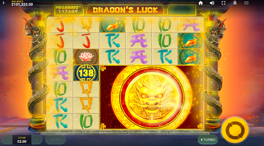 A Mega Coin Landing On The Reels On Dragons Luck Megaways™