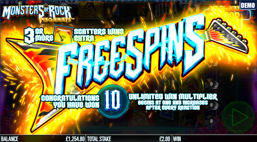 10 Free Spins Awarded For A 4 Scatter Trigger On Monsters Of Rock Megaways™