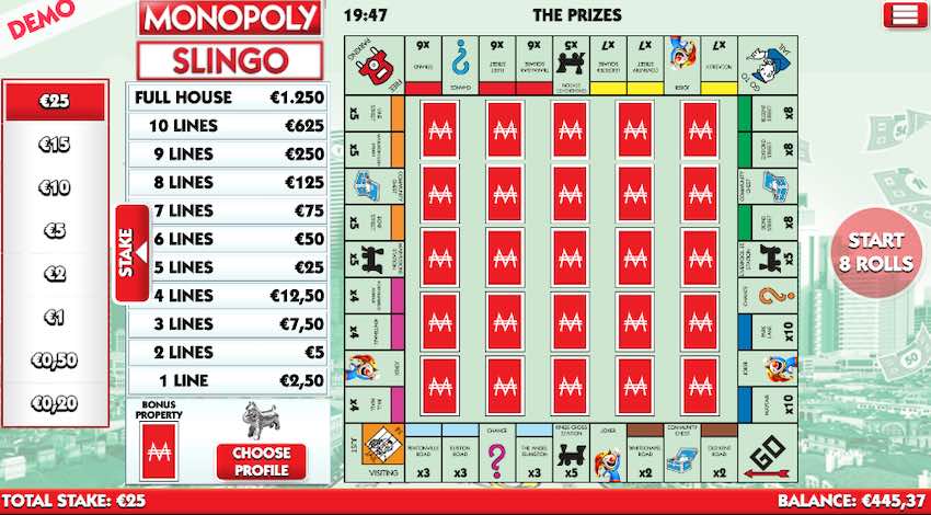 Select Your Stake To Start Your Journey On Monopoly Slingo