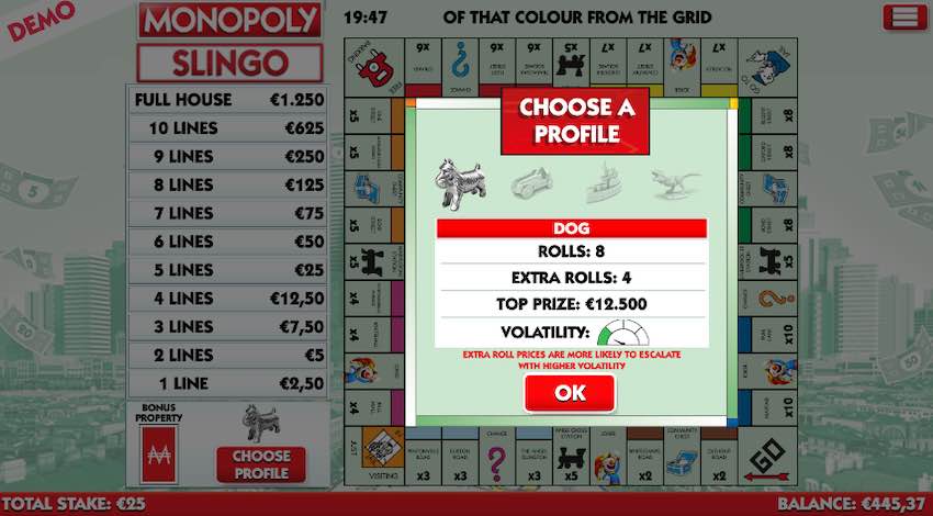 You Can Choose The Volatility Of Your Game When Playing Monopoly Slingo