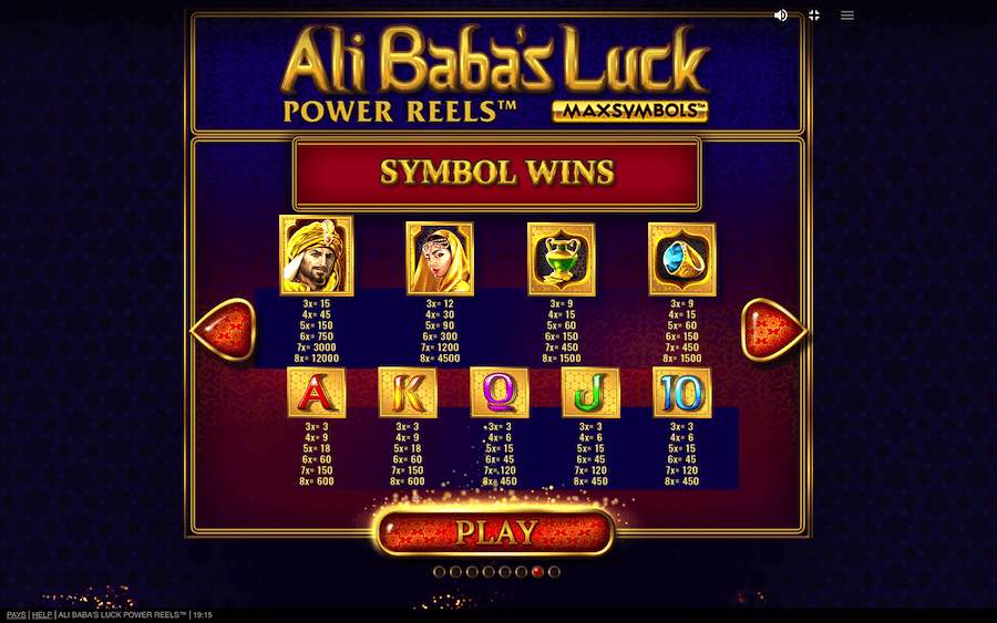 Paytable For Ali Baba's Luck Power Reels Slot