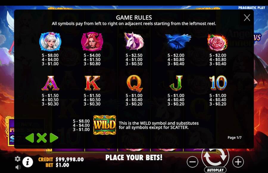 Angel Vs Sinner Slot paytable