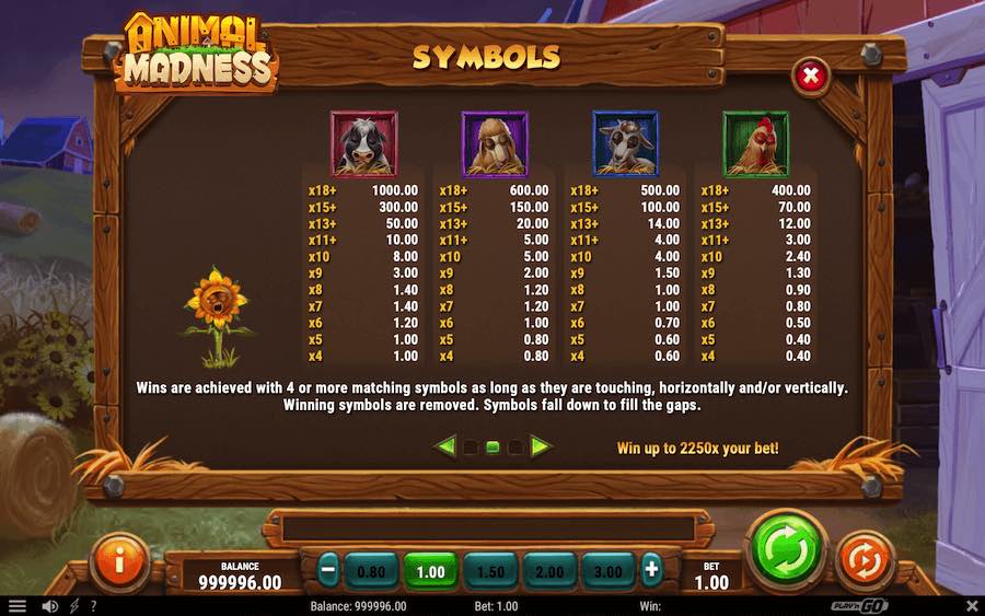 Paytable For Animal Madness Slot Game