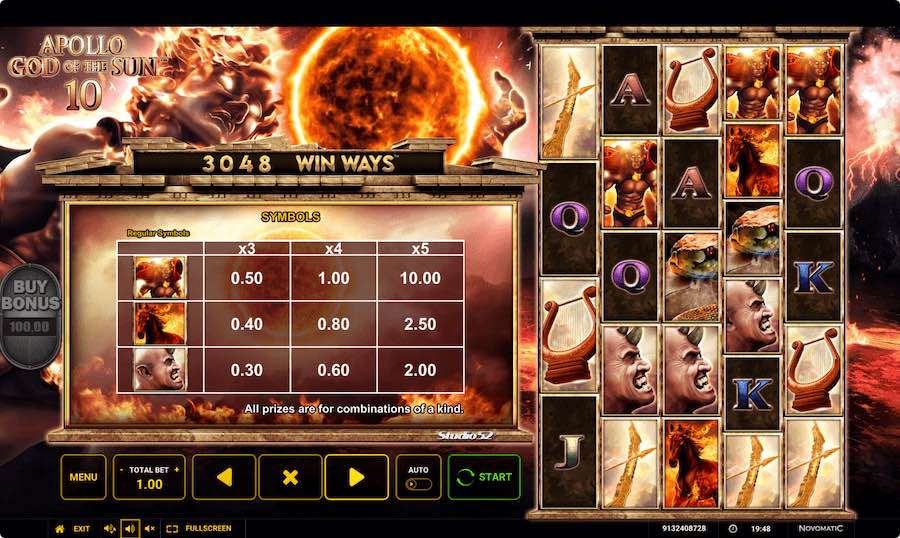 Paytable For Apollo God Of The Sun 10 Slot