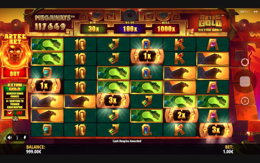 4 Or 5 Scatter Symbols Will Trigger The Cash Respin Bonus On Aztec Gold Extra Gold Megaways™