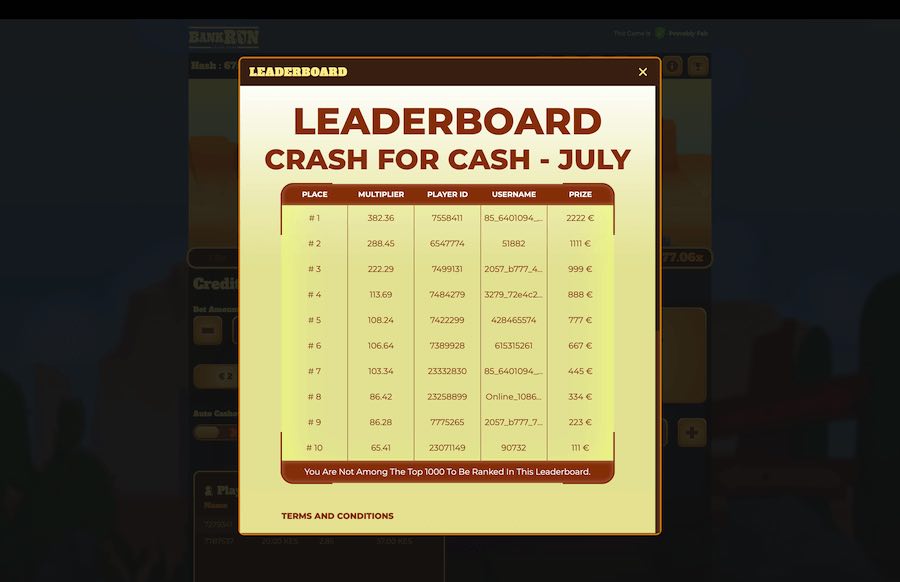 Bank Run Crash Game Leaderboard