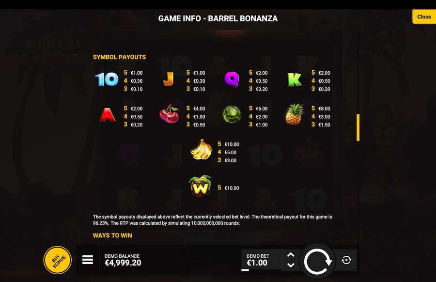 Barrel Bonanza Slot Paytable