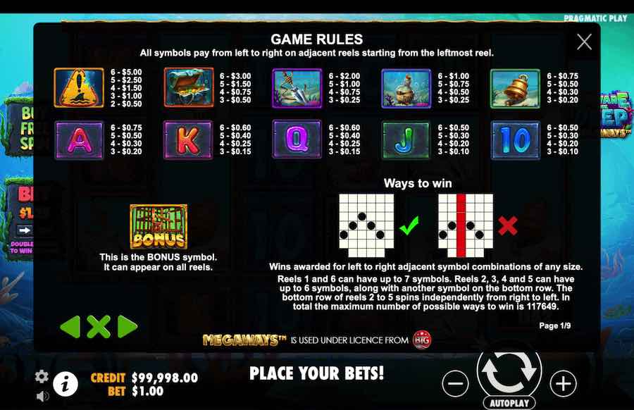 Beware The Deep Megaways Slot Paytable