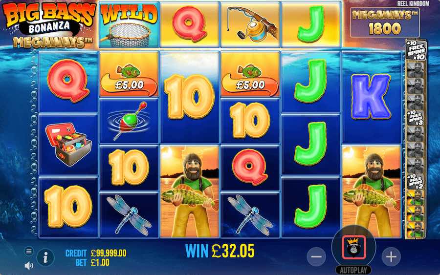 Play With Up To A 10x Win Multiplier During The Free Spins Feature On Big Bass Bonanza Megaways Slot