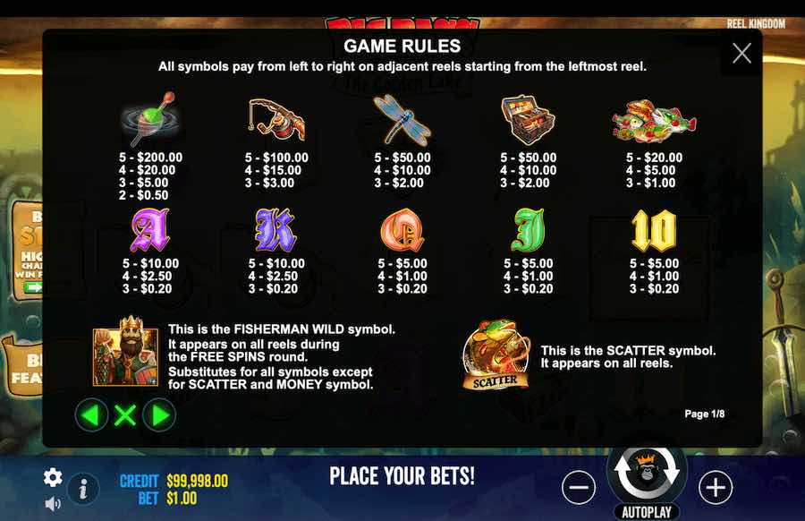 Big Bas Secrets Of The Golden Lake Slot Paytable