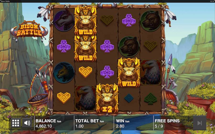 Play With Sticky Wilds And Multipliers During The Green Valley Free Spins Feature On Bison Battle Slot