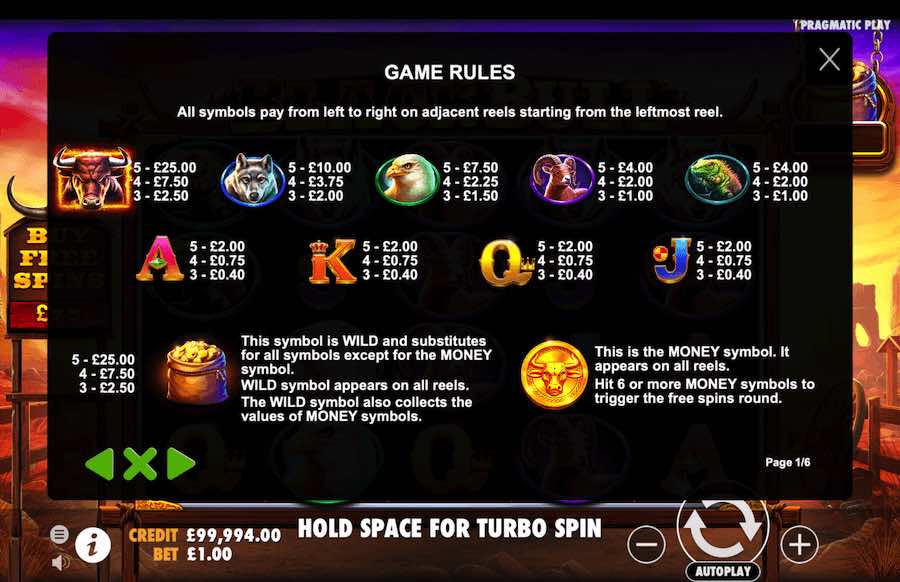 Paytable For Black Bull Slot