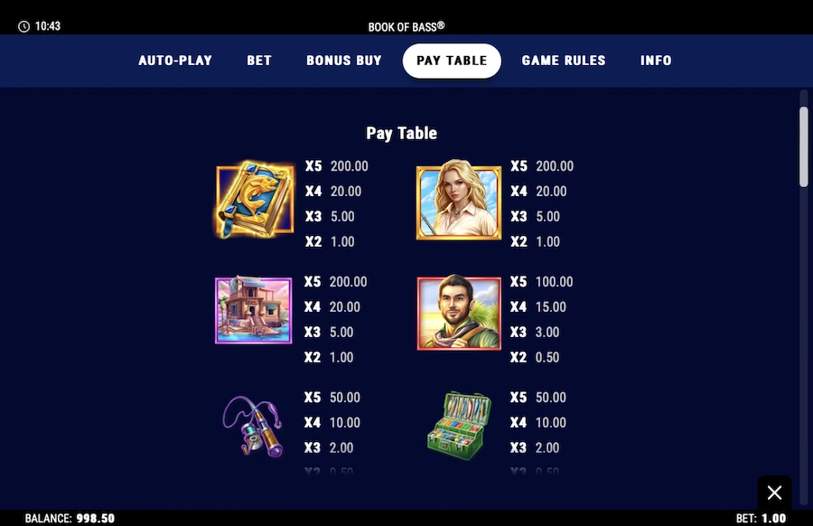 Book of Bass slot paytable