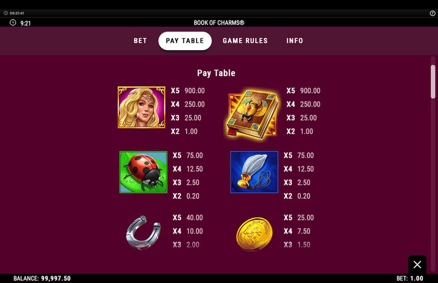 Paytable For Book Of Charms Slot