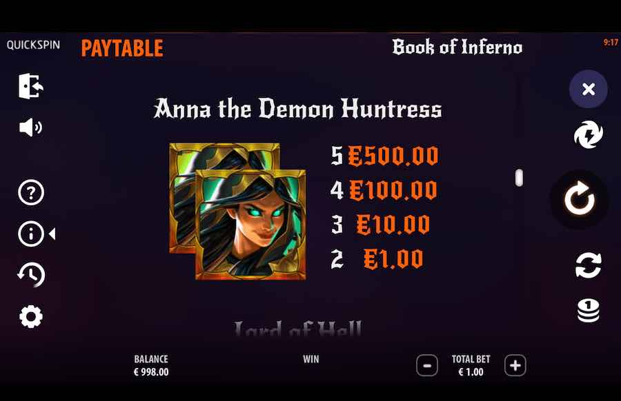 Book Of Inferno Slot Paytable