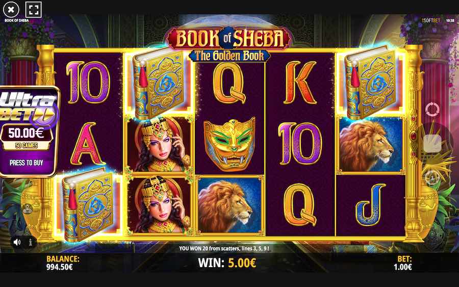 3 Or More Book Symbols Will Trigger The Free Spin Feature On Book Of Sheba The Golden Book