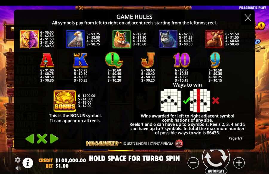 Buffalo King Untamed Megaways Slot Paytable