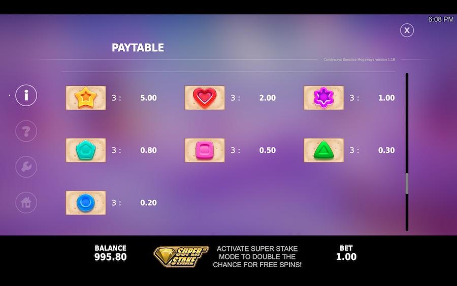 Candyways Bonanza Megaways Paytable