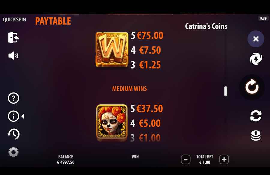 Catrina's Coins Paytable 