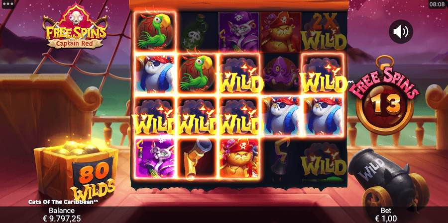 Win Huge Prizes With The Cannon Wilds During The Free Spins Feature On Cats Of The Caribbean Video Slot