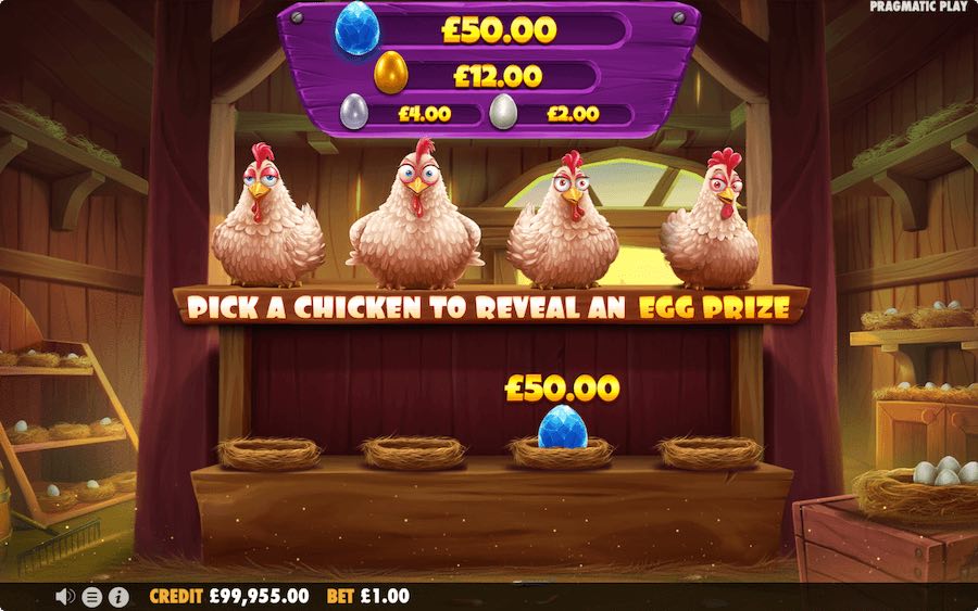 Landing 3 Or More Egg Symbols In View On Chicken Chase Video Slot Will Trigger The Pick Me Bonus Feature