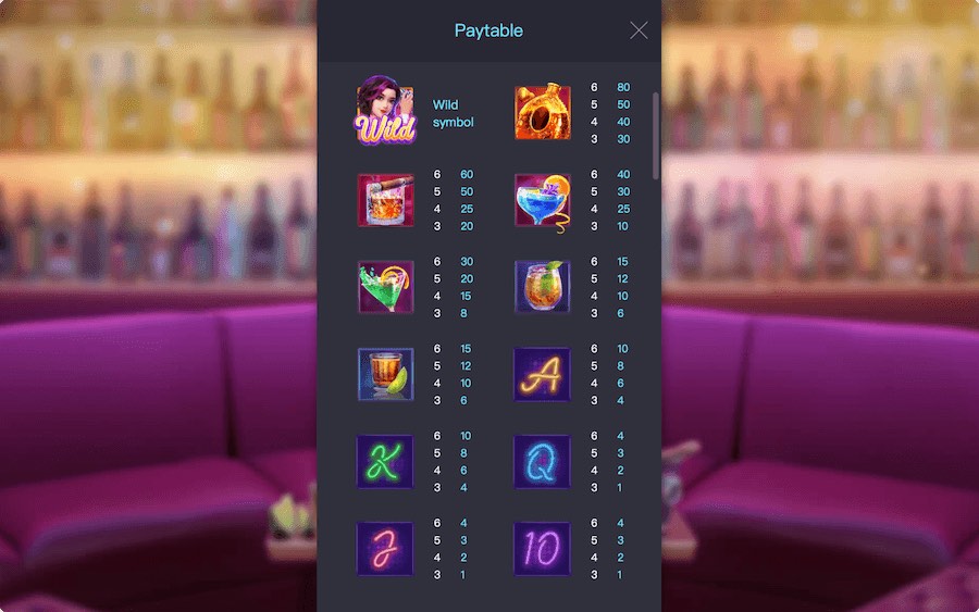 Cocktail Nights Slot Paytable