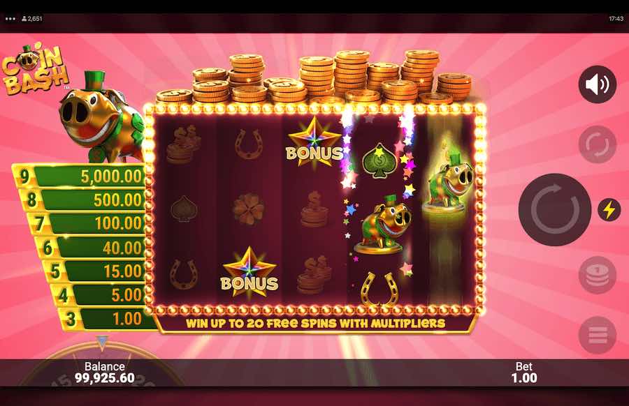 Land A Bonus Scatter Symbol On Reels 2, 3, And 4 To Trigger The Free Spins Feature On The Coin Bash Video Slot