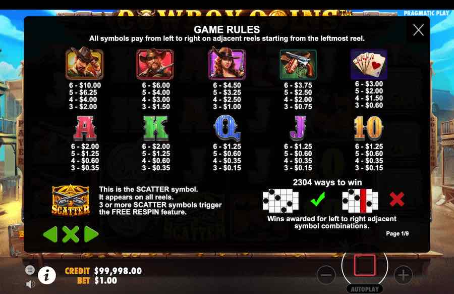 Cowboy Coins Slot Paytable