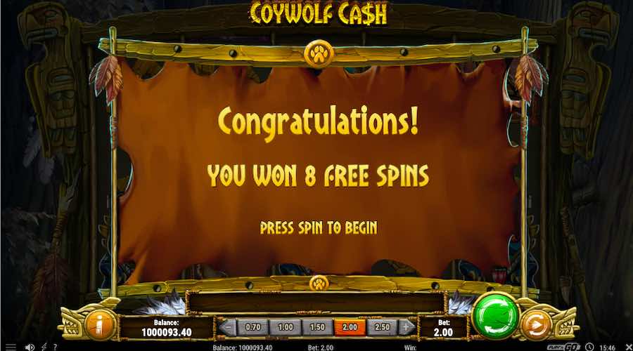 8 Free Spins Awarded For A 3 Scatter Trigger On Coywolf Cash