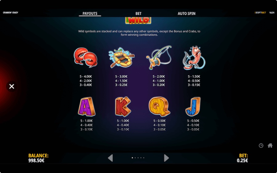 Paytable For Crabbin Crazy Slot